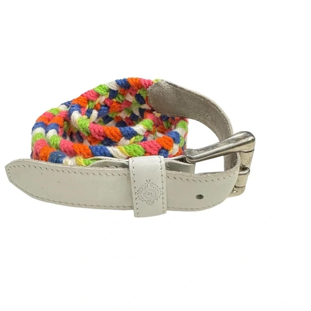 Vintage 1980s Liz Claiborne Braided Belt | Multicolor Cotton White Leather Trim